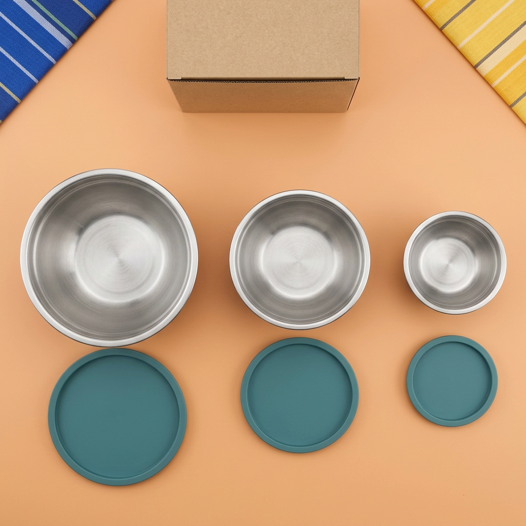 Overhead concept view of three graduated bowls and three matching teal lids