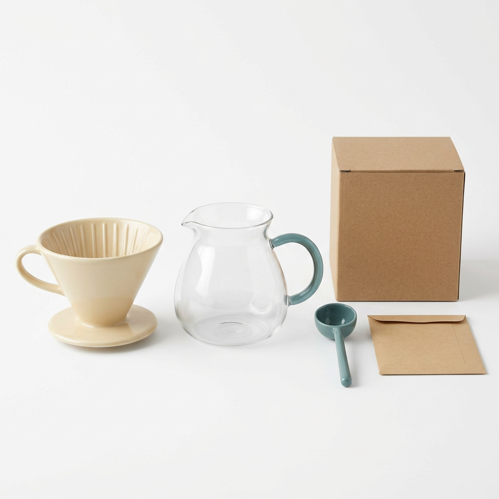 White-background reference of ivory dripper, clear server, teal scoop and proposed filter envelope
