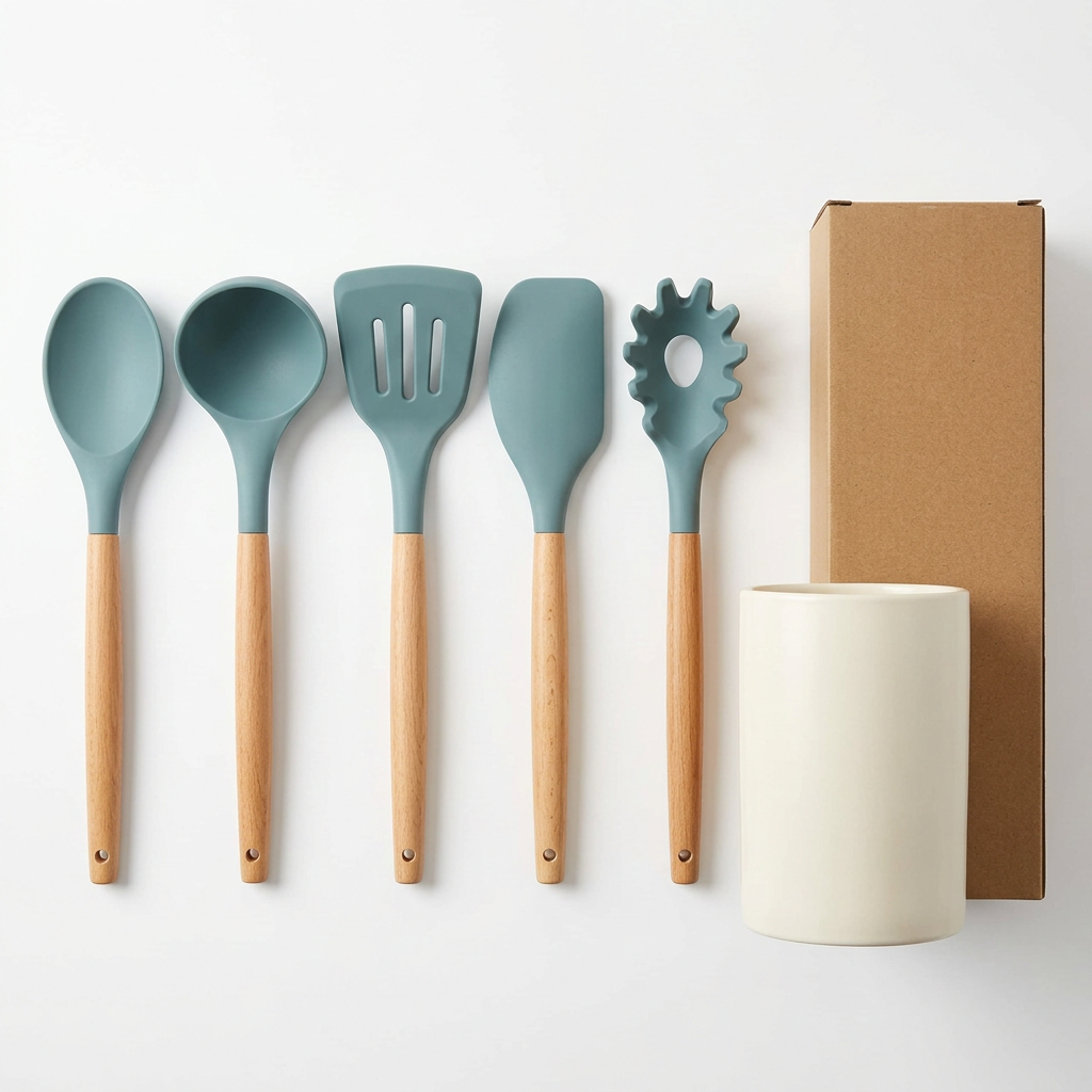 White-background concept of five teal kitchen utensils, ivory holder and unbranded kraft carton