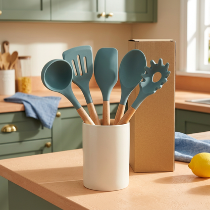 AI-generated concept of five teal utensils with pale wood-look handles in an ivory holder beside blank kraft packaging