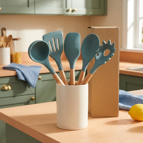 AI-generated concept of five teal utensils with pale wood-look handles in an ivory holder beside blank kraft packaging