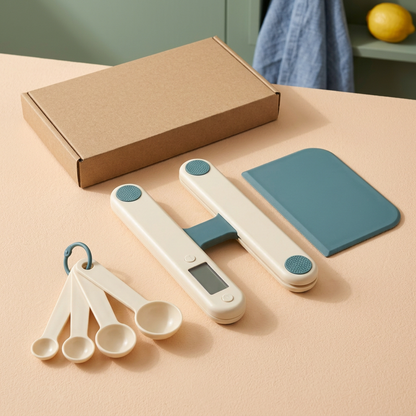 AI-generated concept of an ivory twin-rail kitchen scale, four spoons and teal scraper with blank kraft packaging