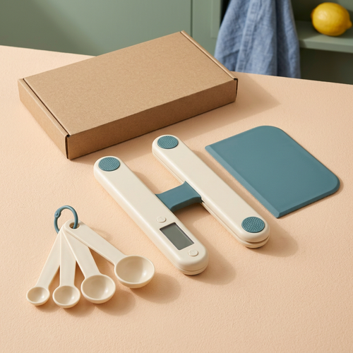 AI-generated concept of an ivory twin-rail kitchen scale, four spoons and teal scraper with blank kraft packaging