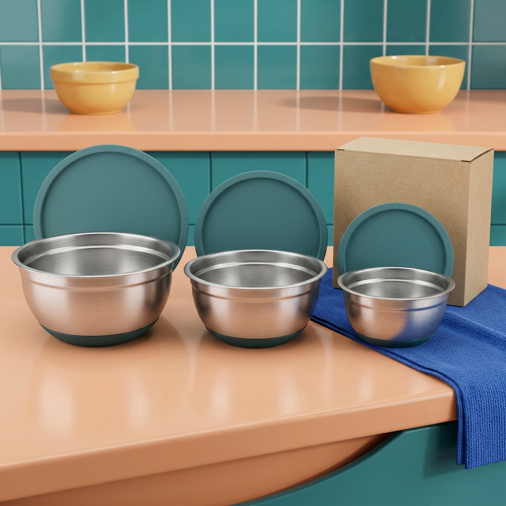 AI-generated concept of three silver-tone mixing bowls with teal base rings and matching lids