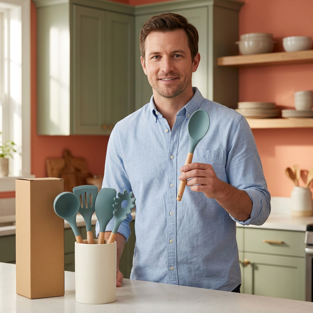 Adult male model presenting a spoon concept with four matching utensils in an ivory holder