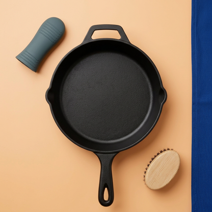 Overhead concept layout of round skillet, teal sleeve and oval palm brush