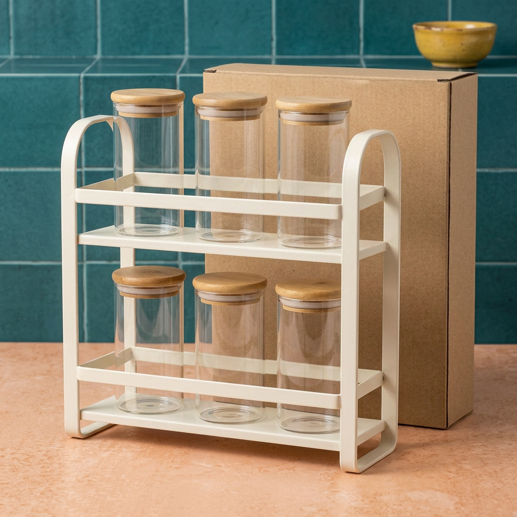 AI-generated ivory two-tier rack with six empty clear jars and bamboo-style lids