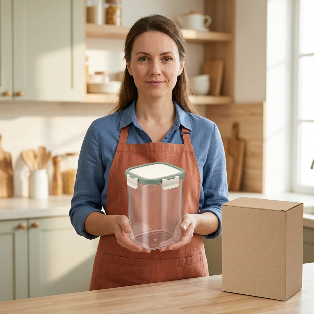 Adult model holding one clear container from the set beside plain unbranded packaging