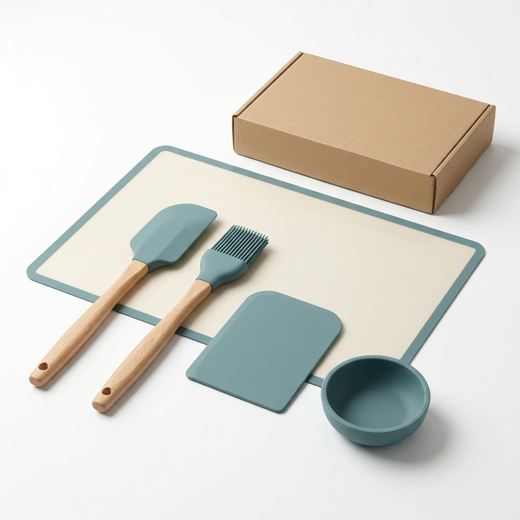 White-background concept of baking mat, spatula, pastry brush, scraper, small bowl and blank packaging