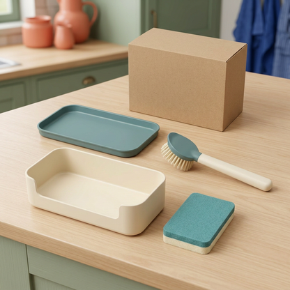 Ivory and teal cleaning organization concept set displayed on wood kitchen island