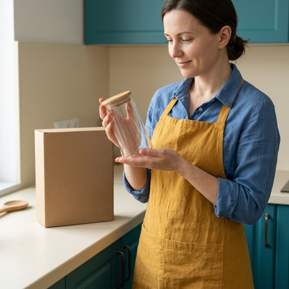 Adult female model holding one empty jar from the proposed set beside blank packaging