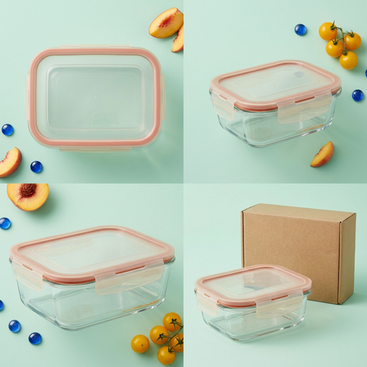 AI-generated concept montage of four glass containers with coral-accented clip lids