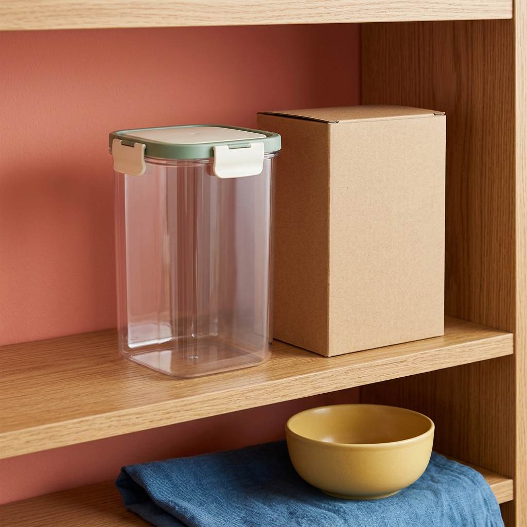 Individual clear pantry container on an oak shelf with plain kraft packaging