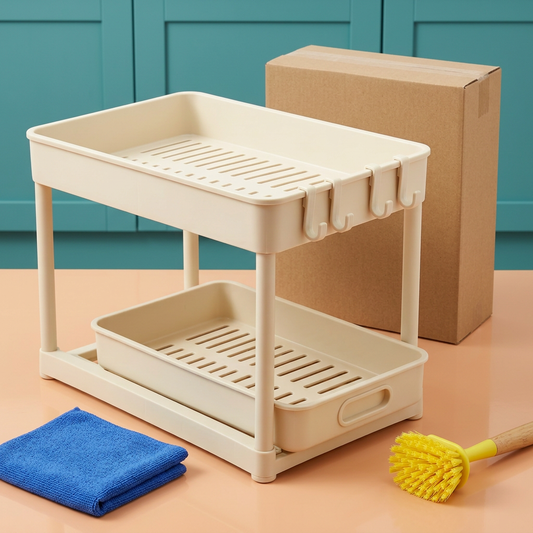 AI-generated ivory two-tier organizer concept against teal cabinets with plain kraft packaging