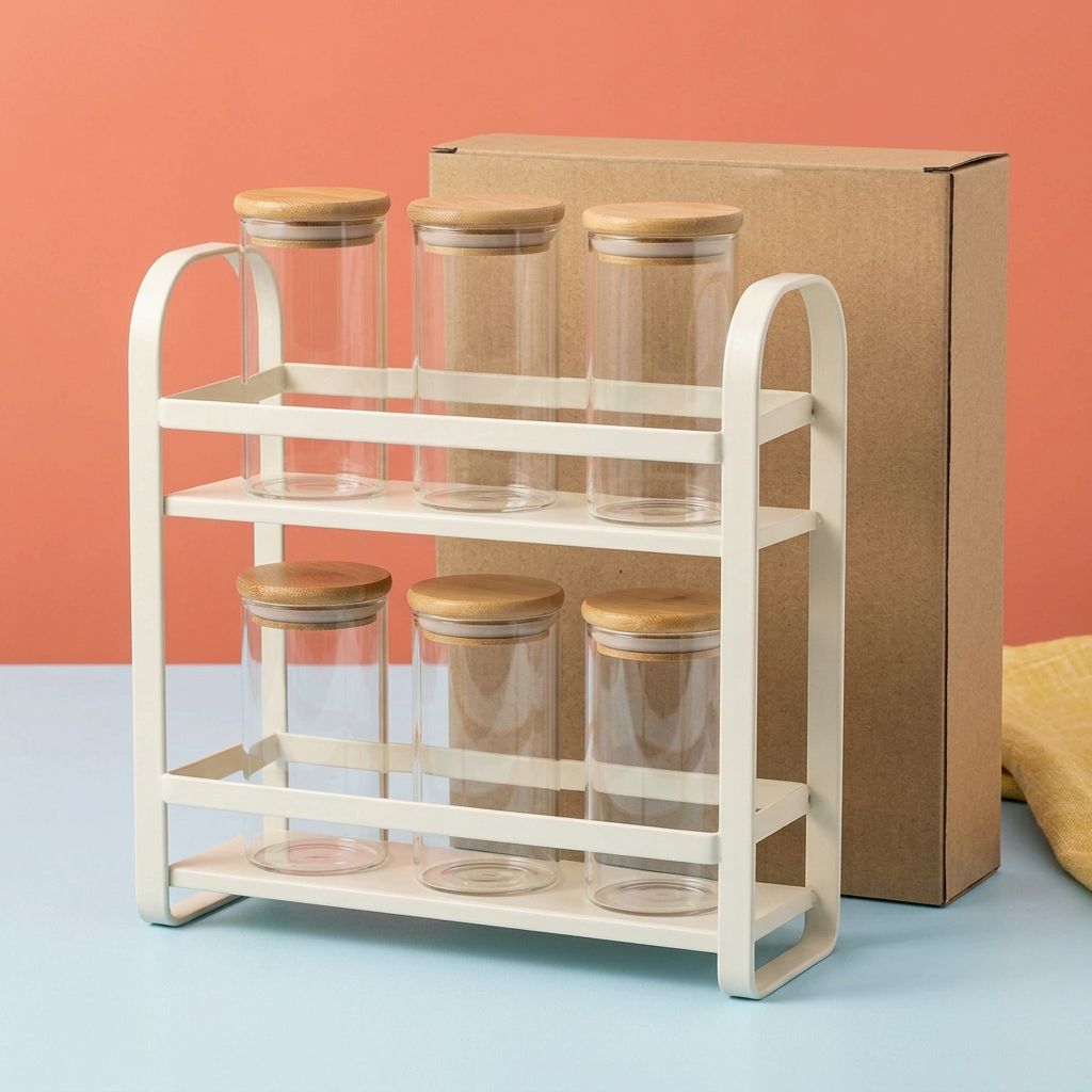 Full set concept with three jars per shelf and unbranded kraft packaging