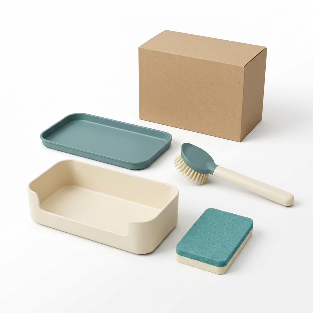 White-background reference showing caddy, teal tray, brush, two-tone sponge and blank packaging