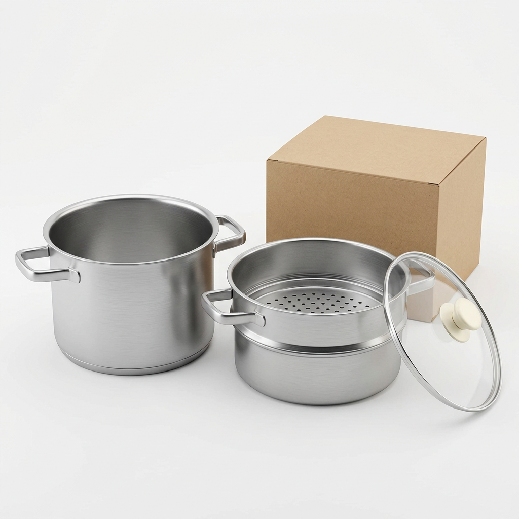 White-background concept of three-piece steamer cookware with clear lid and ivory knob