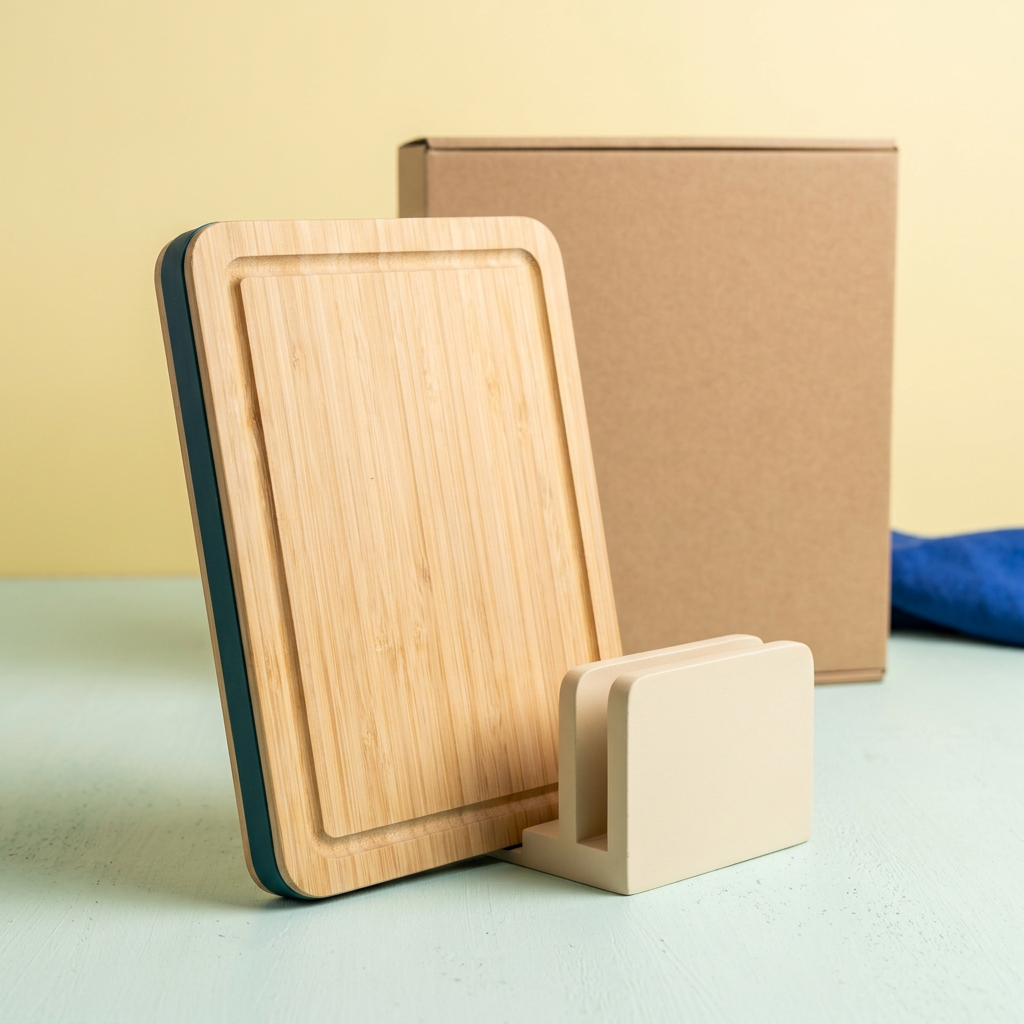 Individual board concept beside ivory stand and unbranded kraft packaging