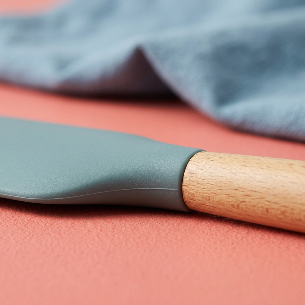 Concept close-up of a matte teal spatula head joining a pale wood-look handle