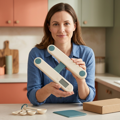 Adult female model presenting an empty open twin-rail scale concept with accessories on the counter