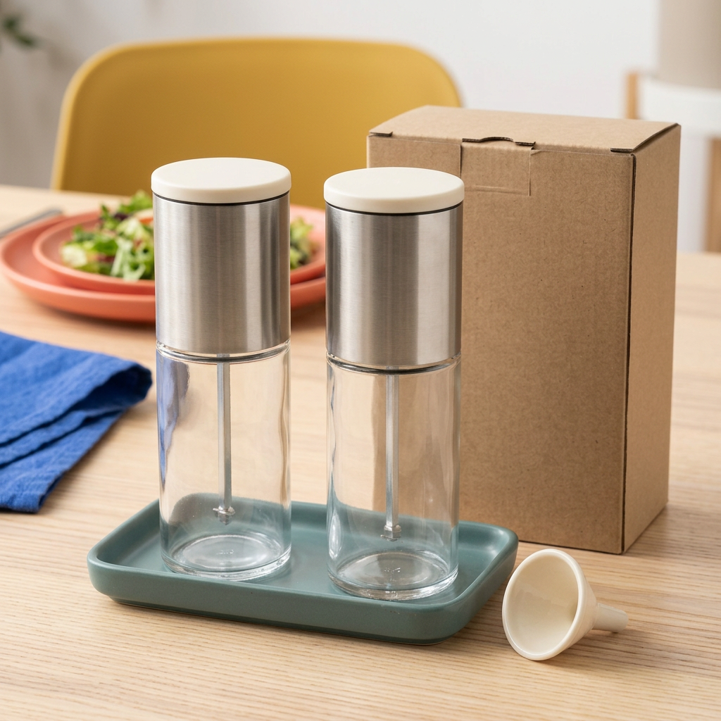 Coordinated salt and pepper grinder concept on a colorful dining table