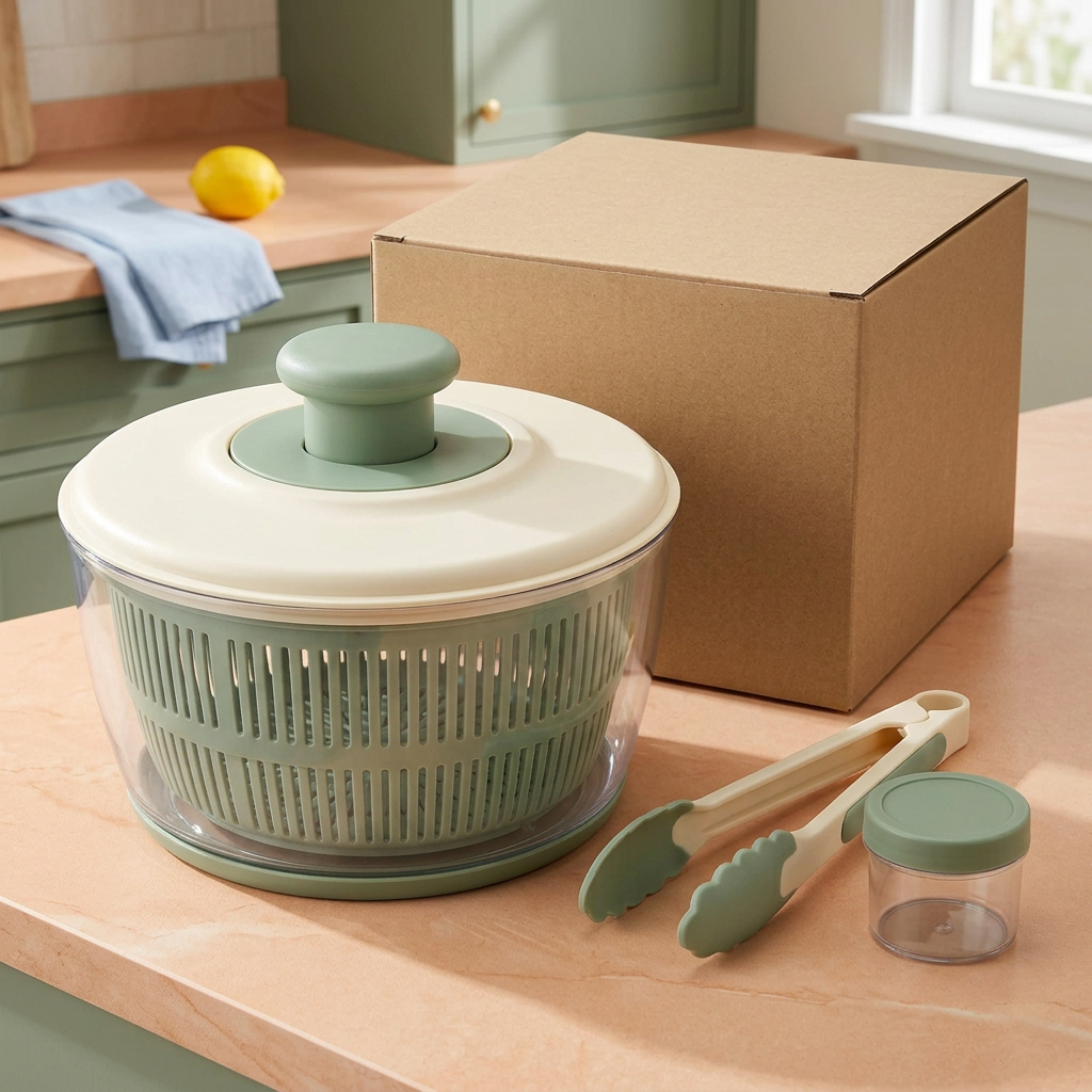 AI-generated salad spinner concept with clear bowl, sage basket, ivory lid, matching tongs and dressing cup