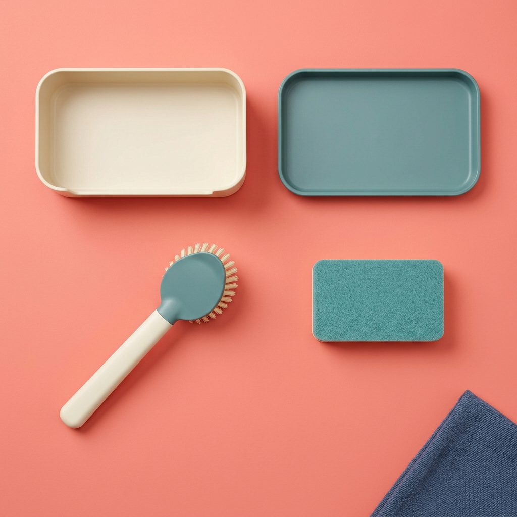 Overhead layout of four separate cleaning organizer concept components