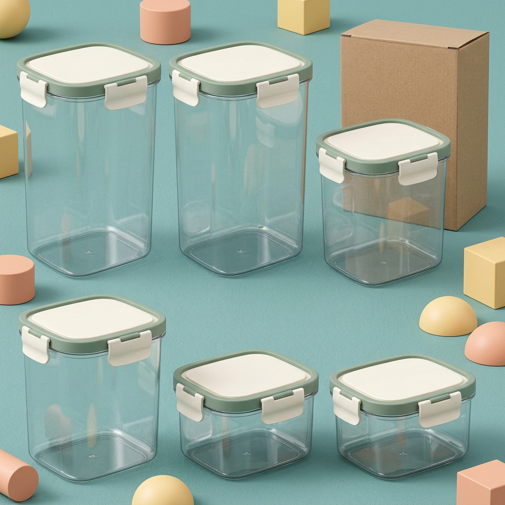 AI-generated concept of six clear pantry containers with ivory lids and sage rims on a colorful background