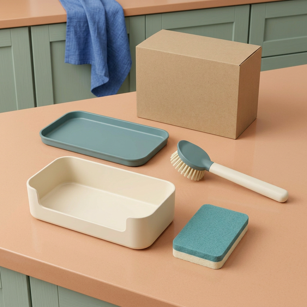AI-generated four-piece ivory and teal kitchen cleaning organizer concept with unbranded kraft carton