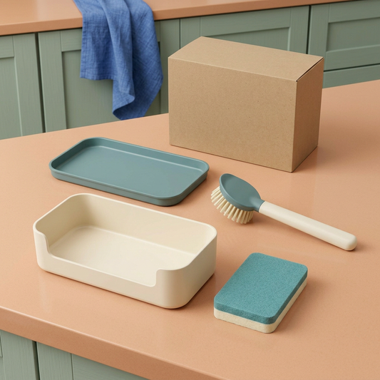 AI-generated four-piece ivory and teal kitchen cleaning organizer concept with unbranded kraft carton