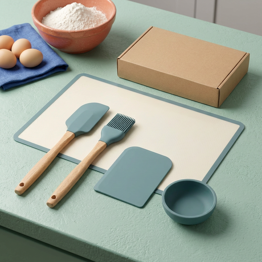 Coordinated baking-tool concept at rest on a mint counter beside separate flour and egg props