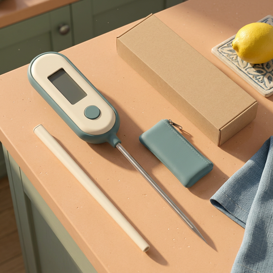 AI-generated food thermometer concept with ivory teal handle, blank display, straight probe, separate sleeve and zip pouch