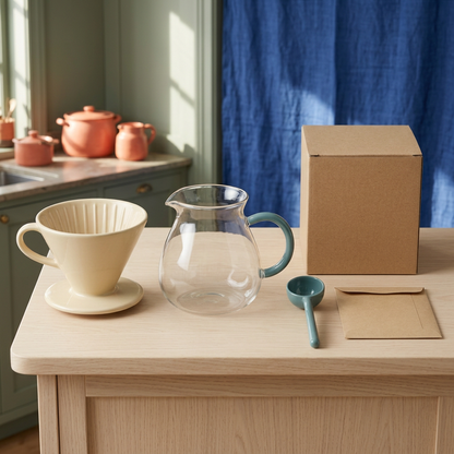 Ivory and teal coffee set concept displayed on wood kitchen island