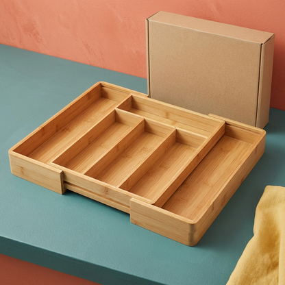 AI-generated bamboo drawer organizer concept with six compartments against teal and coral background