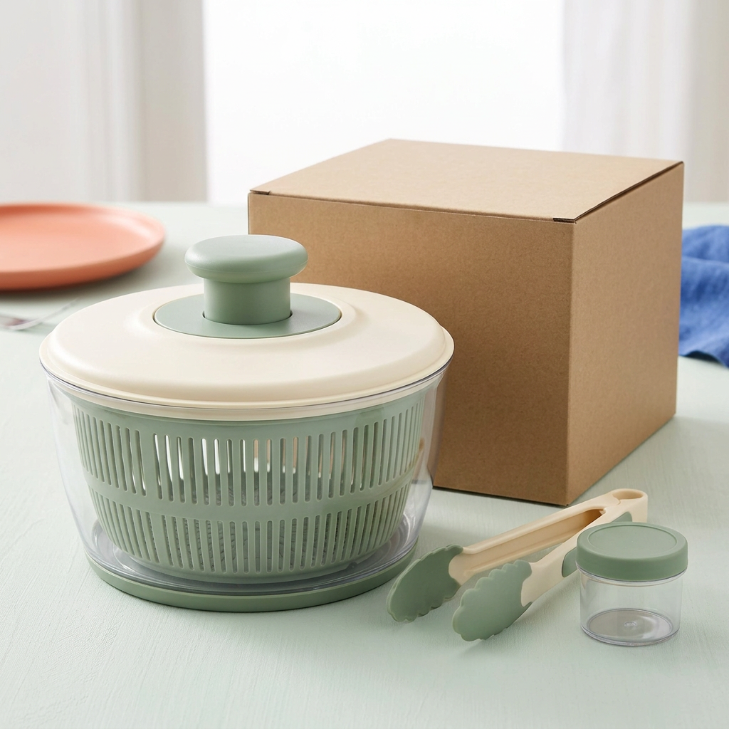 Sage and ivory salad spinner concept with matching accessories on a mint tabletop