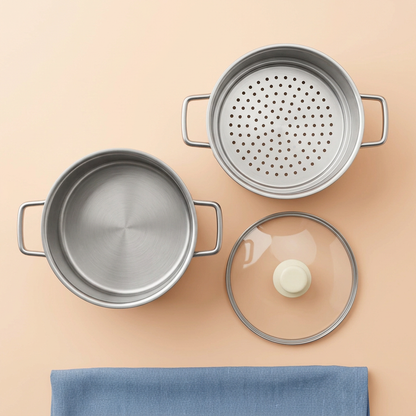 Overhead concept layout of base pot, perforated insert and clear lid as three separate components
