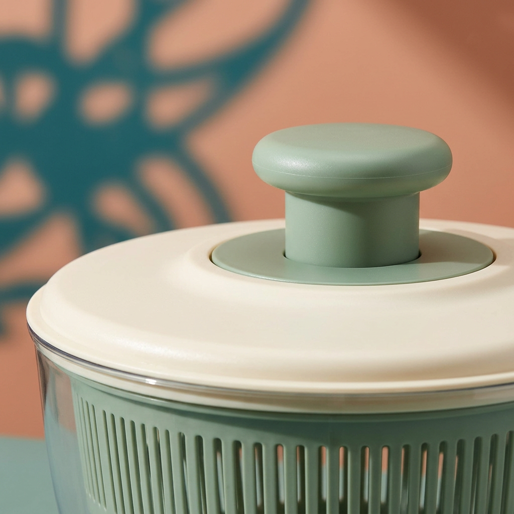 Close-up concept of central sage knob, ivory lid and visible slotted basket
