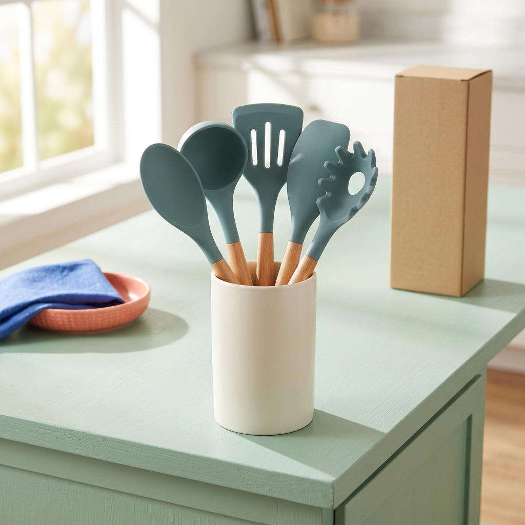 Coordinated five-utensil concept displayed in an ivory holder on a mint kitchen counter