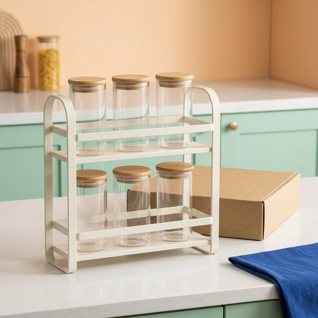 Six-jar spice rack concept in a colorful kitchen preparation area