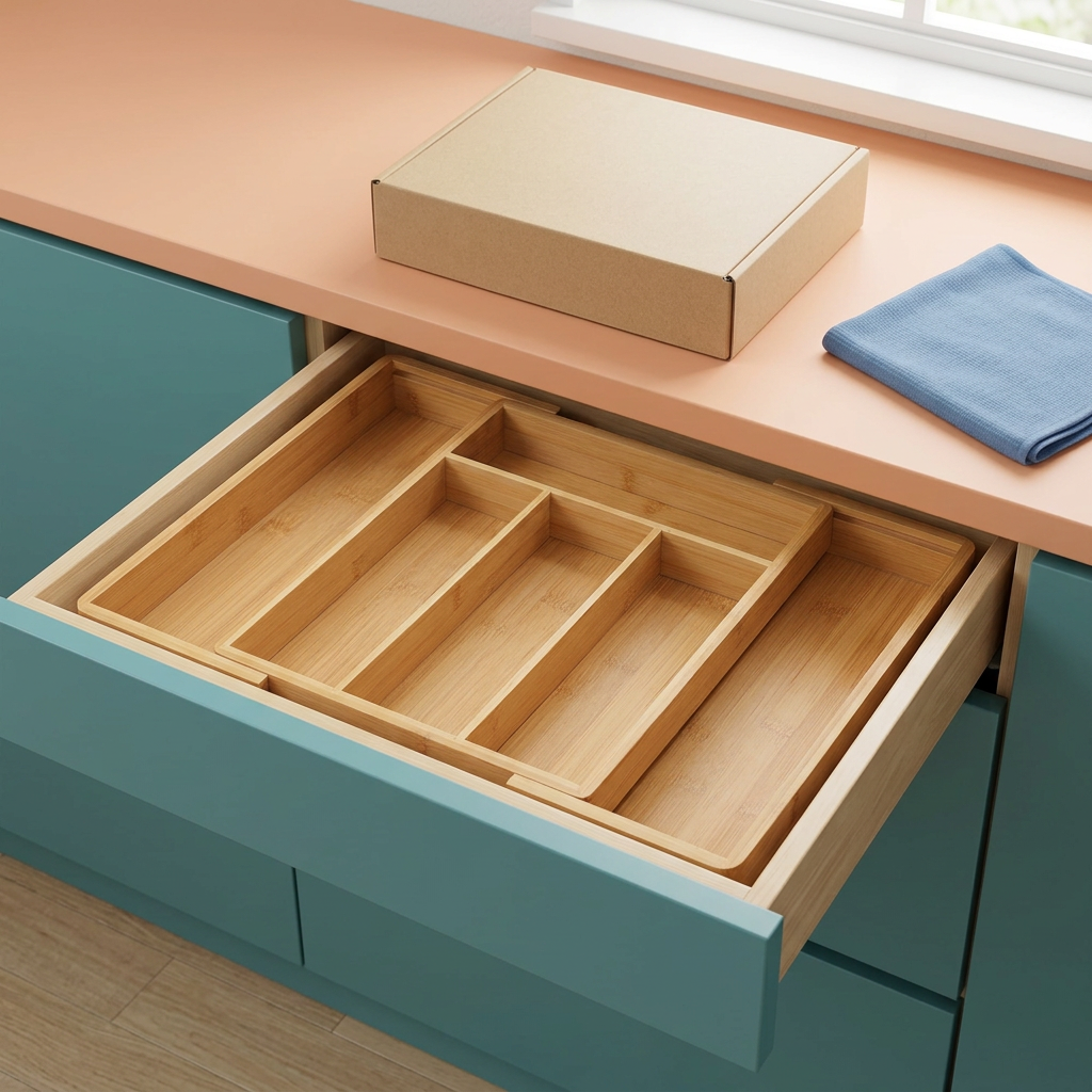 Expandable bamboo organizer concept inside an open kitchen drawer
