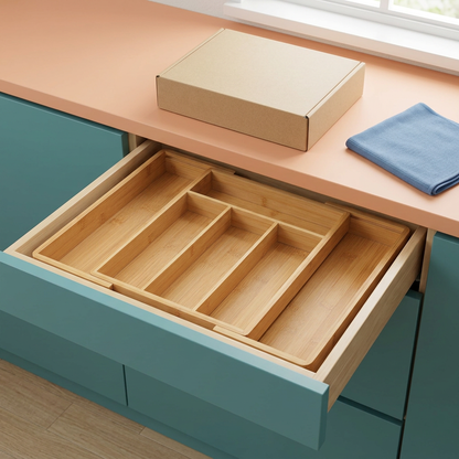 Expandable bamboo organizer concept inside an open kitchen drawer