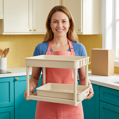 Adult female model holding an empty ivory two-tier organizer beside blank kraft packaging