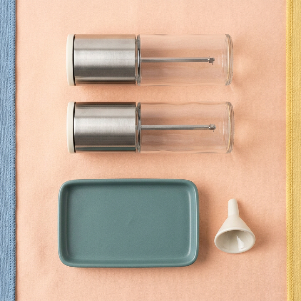 Overhead concept layout of two empty grinders, one teal tray and one ivory funnel