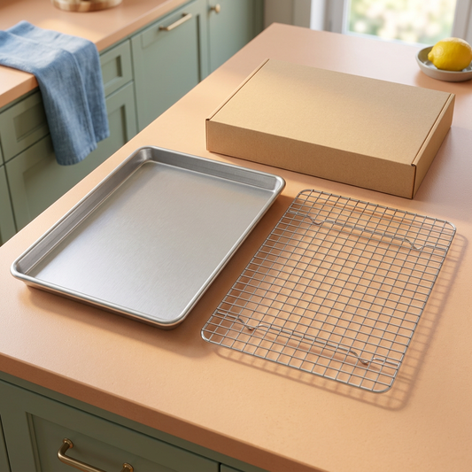 AI-generated concept of one shallow silver-tone baking sheet and one separate wire rack with blank kraft carton