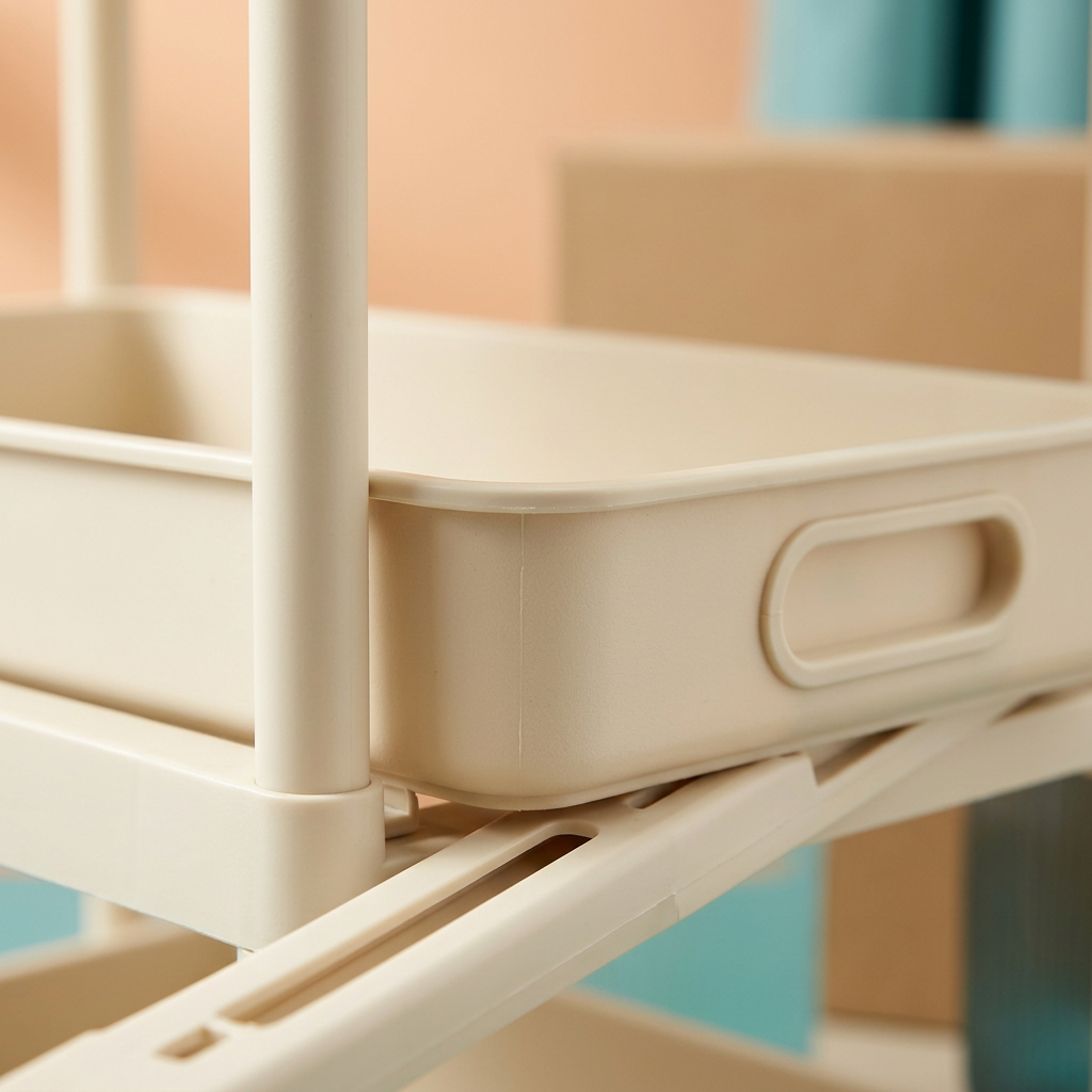 Concept close-up of lower tray handle and frame connection, not a technical assembly drawing