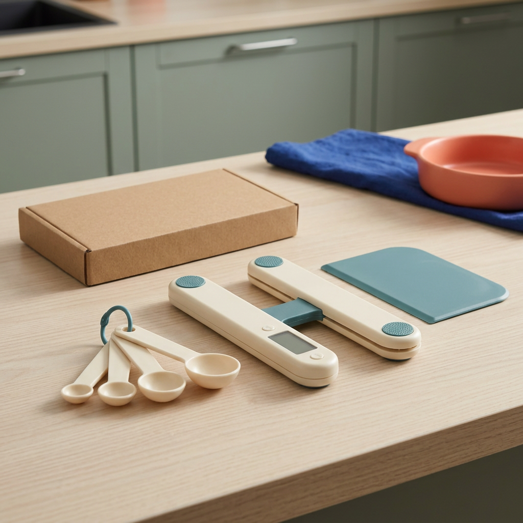 Ivory and teal preparation scale concept with accessories displayed on a wood kitchen island