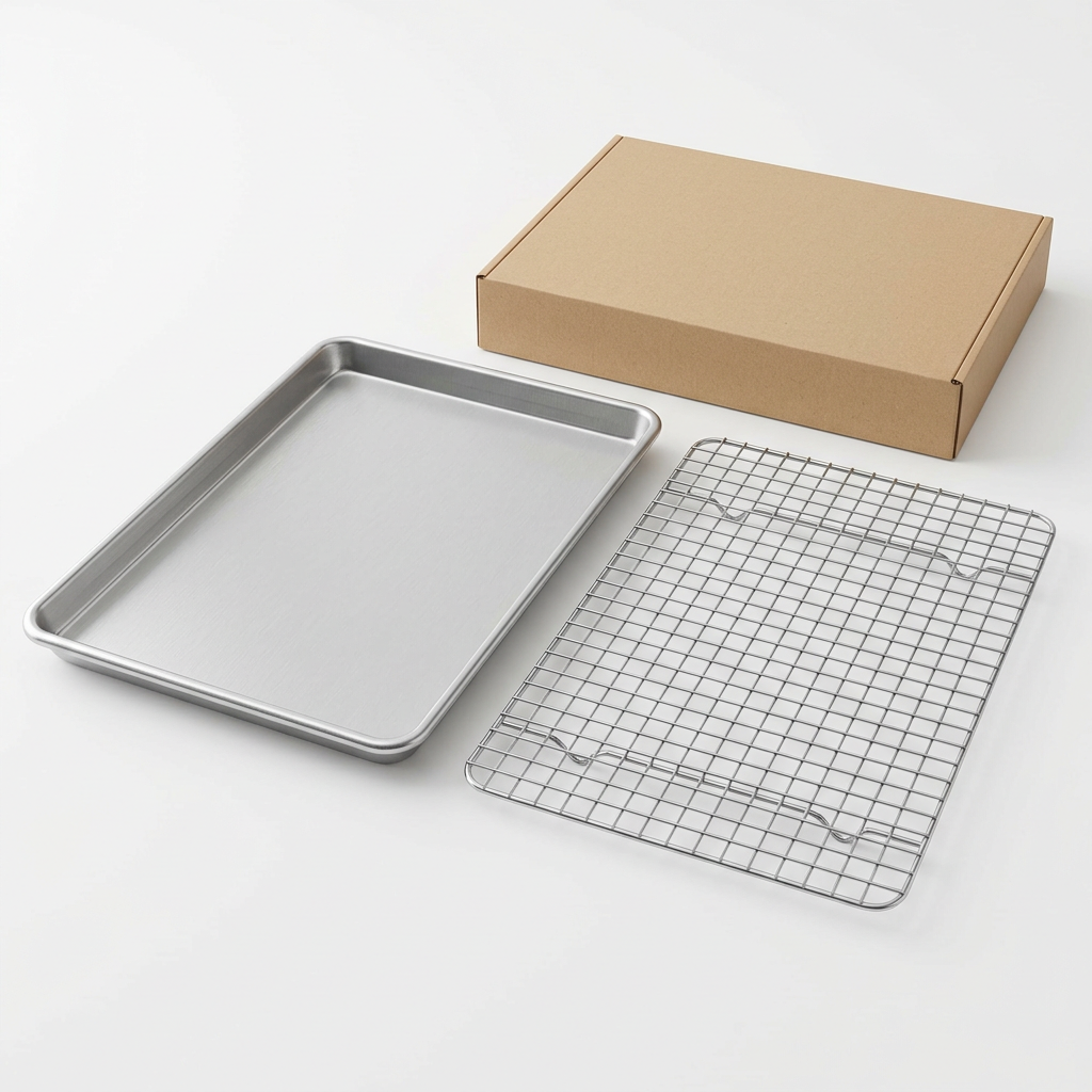 White-background concept of one baking sheet, one wire rack and plain flat kraft carton