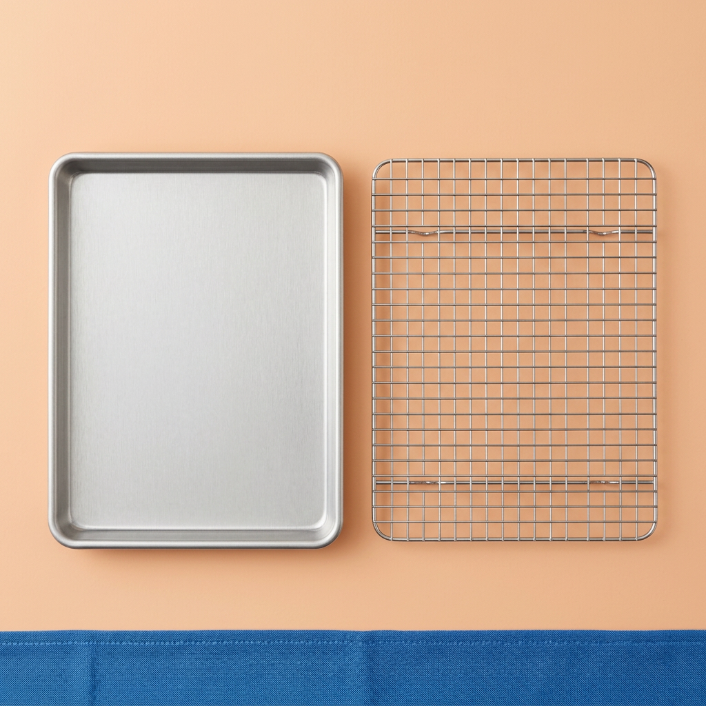 Overhead concept layout of shallow rolled-rim pan and separate square-grid rack