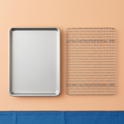 Overhead concept layout of shallow rolled-rim pan and separate square-grid rack