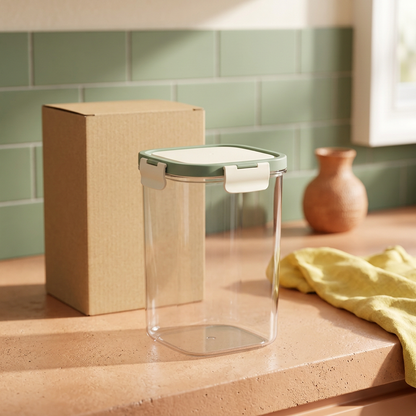 Individual container from the proposed six-piece set on a peach kitchen counter